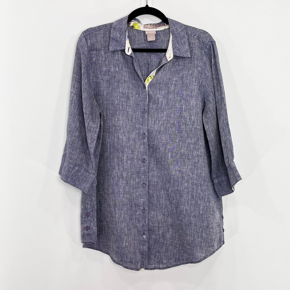 Chicos Blue 100% Linen No Iron Tunic Shirt 3/4 Sleeve Size 2 Large 12/14